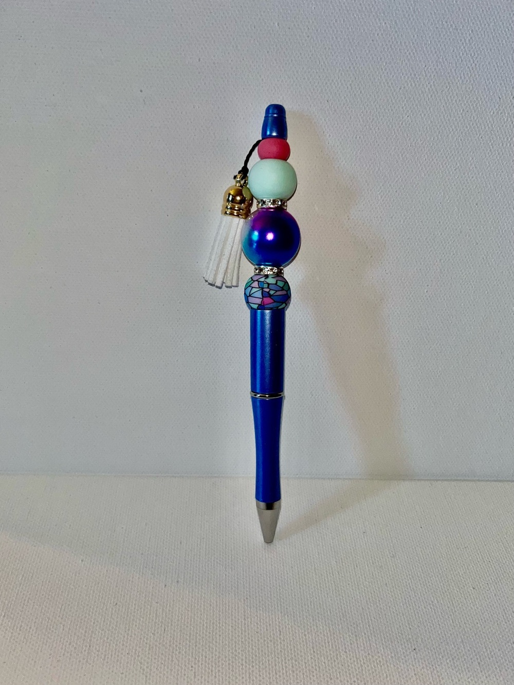 Blue/Purple/Pink & Mint Green Beaded Ballpoint Pen w/Tassel & Rhinestone Accents